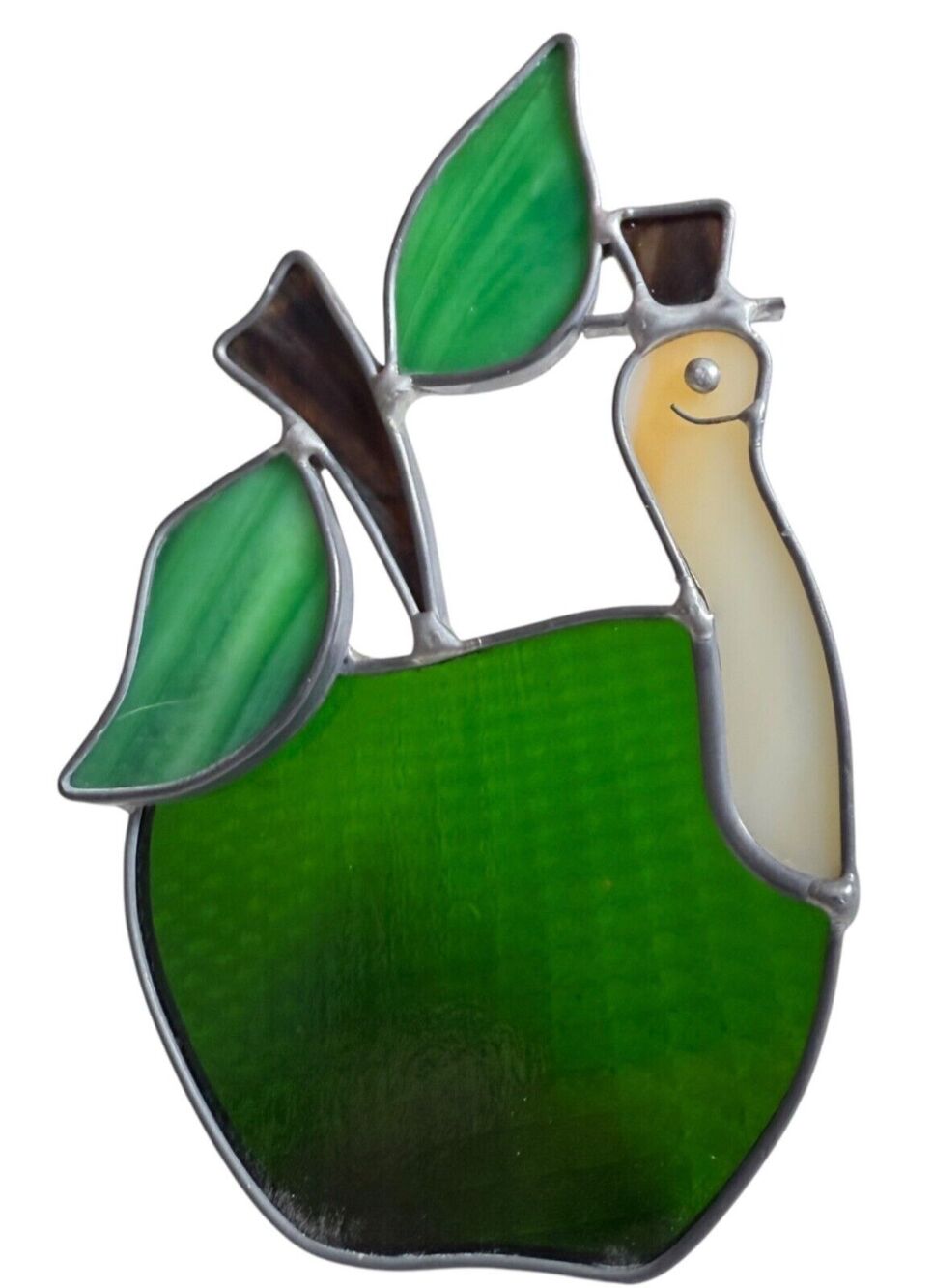 Stained Glass Green Apple Worm Suncatcher Hanging Loop Teacher Gift 5.5" x 3.5"